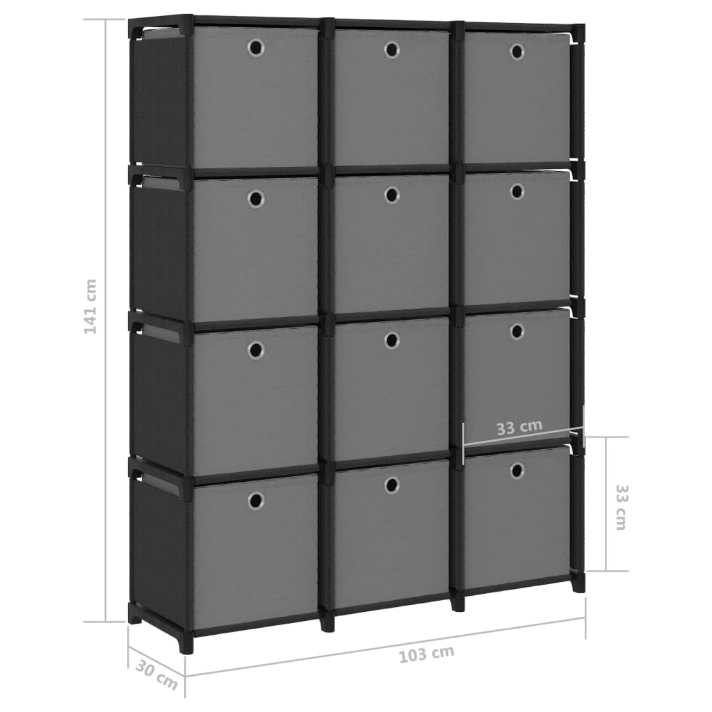 Scaffale con 12 scatole, libreria, sottile, nero, tessuto, acciaio, 103 x 30 x 141 cm, design moderno, soluzione di archiviazione per soggiorno e cucina