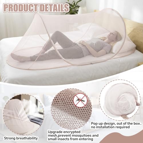 Image of 2 Pcs Large Pop up Mosquito Tent Portable Foldable Mosquito Bug Net for Bed Camping Travel Patio Outdoor 78 * 31 * 22 Inch Bug Netting Mesh Tent Canopy for Adults Bedroom, Brown