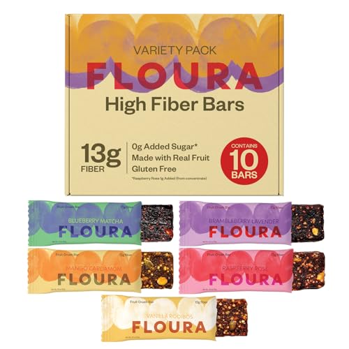 Floura Variety Pack Fruit-Forward Fiber Bars– High Fiber, Vegan, Gluten & Dairy Free, Low Calorie Healthy Snack Bars with Upcycled Produce for Gut Health [10 Pack- 2 of Each Flavor]