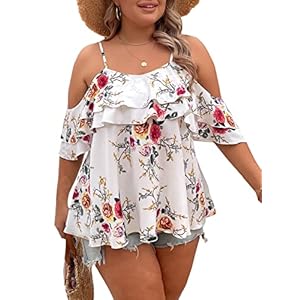 MakeMeChic-Womens-Plus-Size-Floral-Print-Cold-Shoulder-Ruffle-Layered-Short-Sleeve-Summer-Blouse-Top-White-1XL MakeMeChic Women's Plus Size Floral Print Cold Shoulder Ruffle Layered Short Sleeve Summer Blouse Top White 1XL