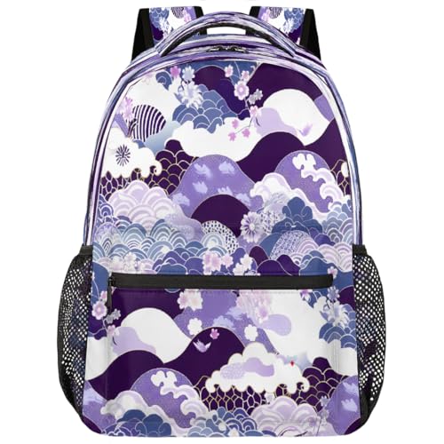 Japanese Wave Cherry Blossoms Kids Backpack, Lightweight School Bookbag Large Capacity Laptop Backpack Water Resistant Daypack Shoulder Bag for Teenager Boys Girls - Main Image
