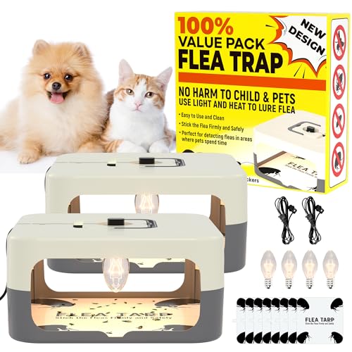 2 Pack Flea Traps for Inside Your Home, Flea Light Traps for Home Indoor with 4 Bulbs and 8 Sticky Discs, Bed Bug Trap Safe to Pets and Kids