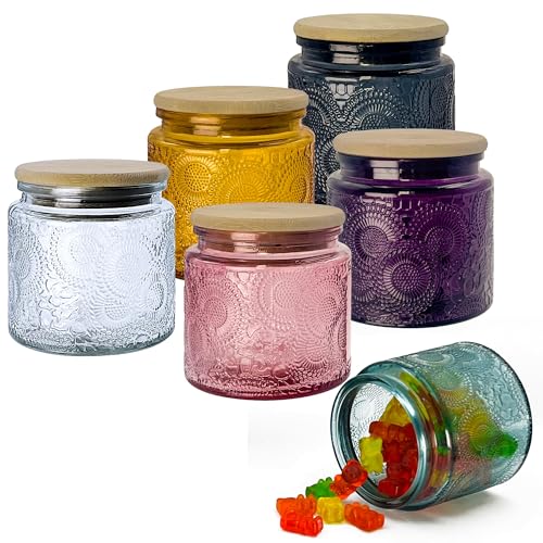 12 oz Decorative Glass Storage Jars with Airtight Bamboo Lids - 6...