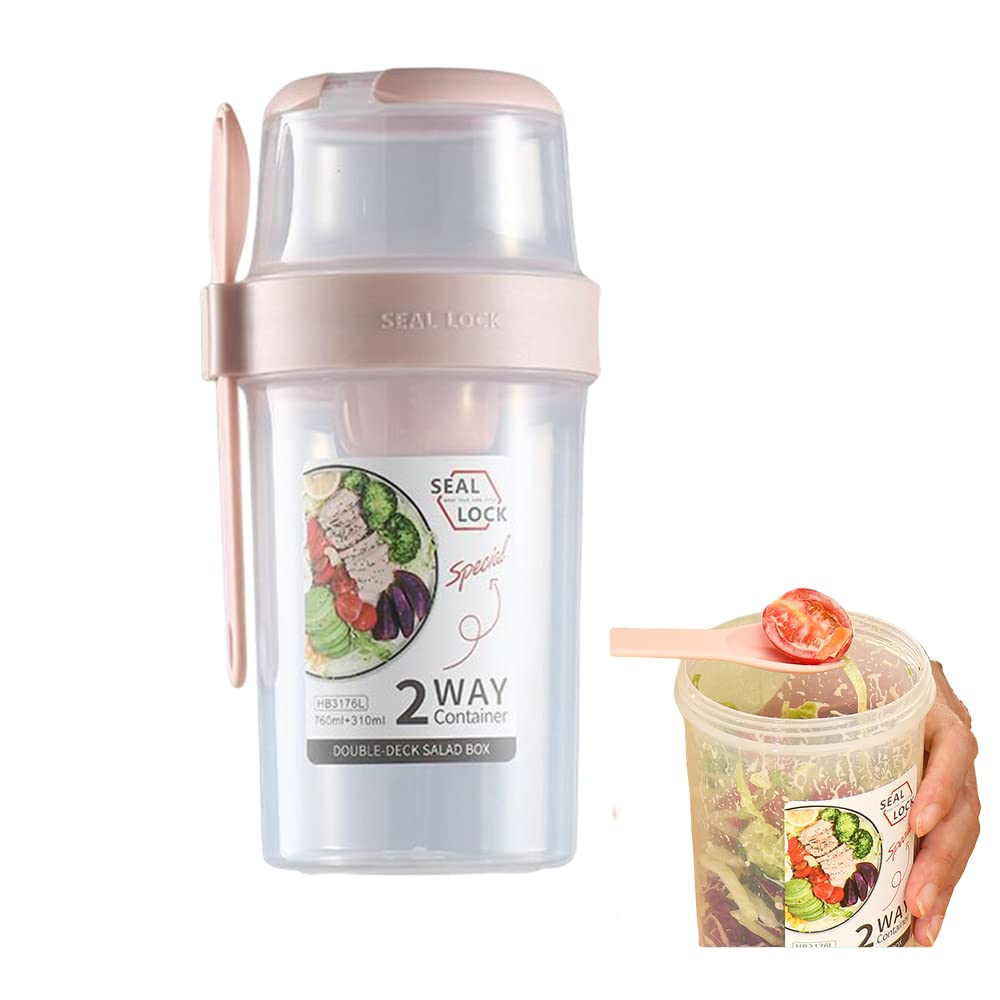 Owving Salad Cup Reusable Pink Portable Fruit and Vegetable Container with Fork & Salad Dressing Holder for Work Travel Picnic Breakfast Lunch Dinner
