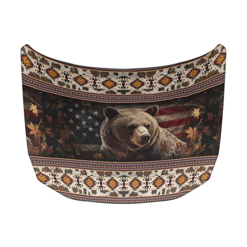 Image of Aztec Bear American Flag Car Hood Cover Protector 59x39 Inch Car Hood Wrap Blankets Stretchable Removable Automotive Exterior Accessories for Most Sedans SUVs