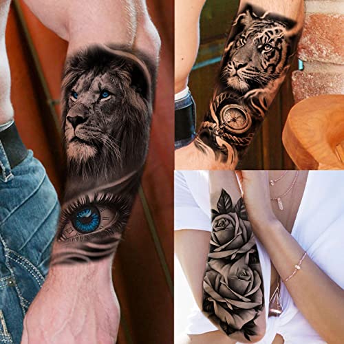 Tasroi 61 Sheets Realistic Skull Tiger Wolf Lion Temporary Tattoos For Women Men Arm Sleeve, 3D Halloween Temp Tattoos Adults Compass Black Rose Flower, Bulk Fake Tattoos That Look Real And Last Long #TOP3