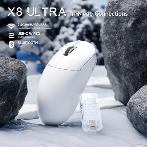Image of ATTACK SHARK X8 Ultra Wireless Gaming Mouse, 42000 DPI PAW3950MAX Sensor, 8000Hz Polling Optical Nordic 52840 Tri-Mode 2.4G /BT /Wired, 55g Lightweight Big Hand Ergonomic Mouse with Coiled Cable-White