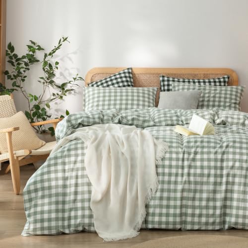 Image of BESTOUCH Gingham Cotton Duvet Cover Set Sage Green Super Queen | Washed Cotton, Linen Feel, Soft Wrinkle Texture, Hidden Zipper, 8 Ties, Breathable Lightweight Durable Comfy, 3 Pcs No Insert