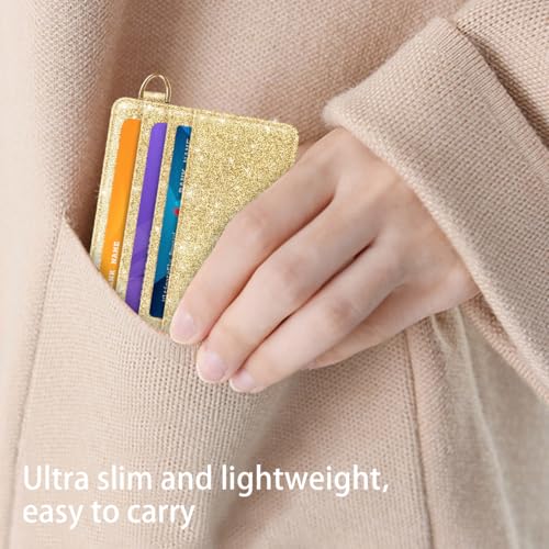 Image of Slim Credit Card Holder Glitter Leather Small Wallet Women Thin Cards Holders RFID Blocking Minimalist Lightweight Small Cute Card Holders for Women, Glitter Golden