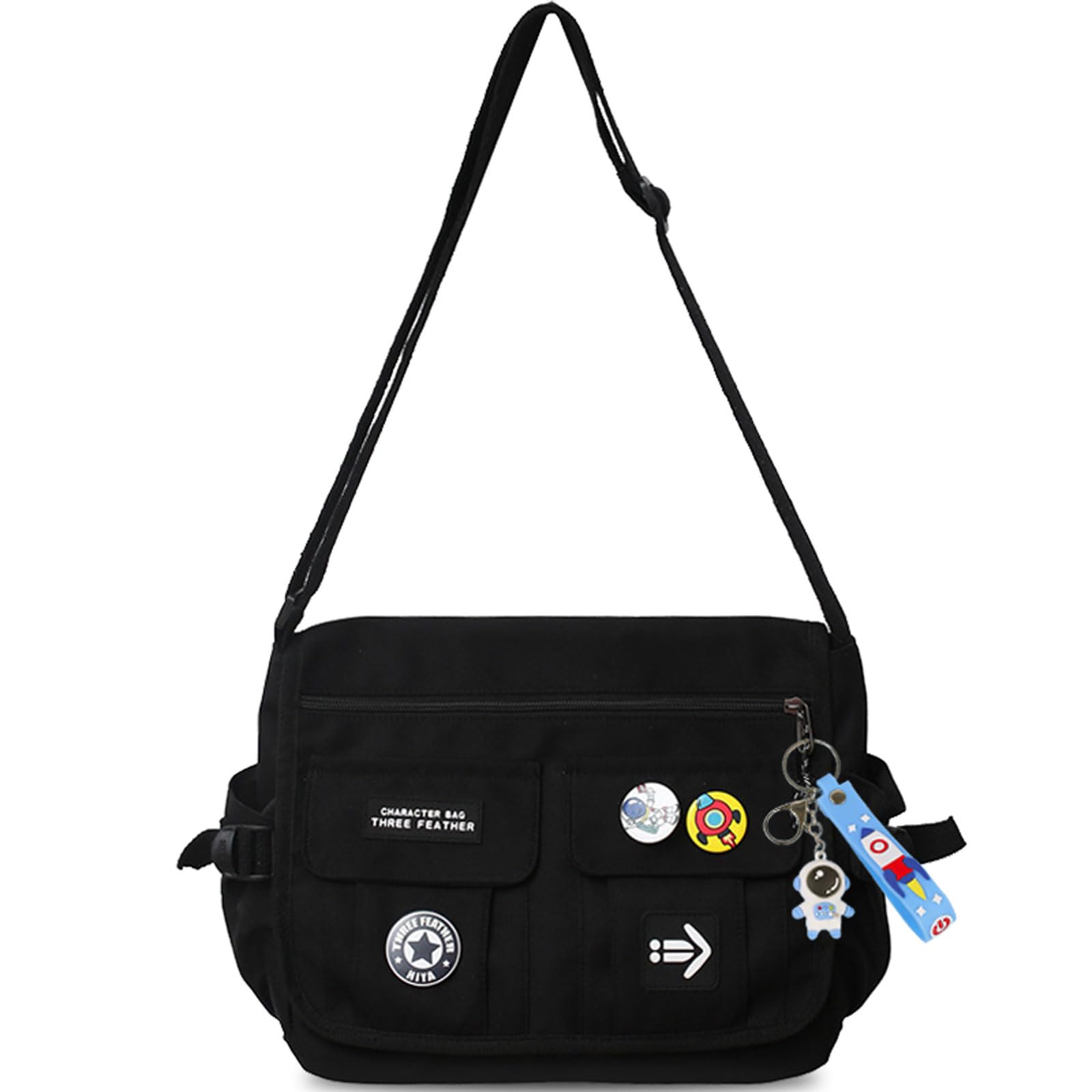 Fashion Crossbody Bag with Cute Accessories Nylon Casual Messenger Bag with Pendant Lightweight Handbag Travel Daypacks Black