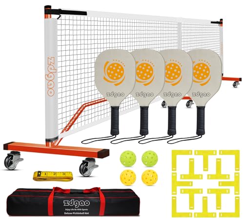 Portable Pickleball Net with Wheels Set System 22FT Full Net 4 Paddles