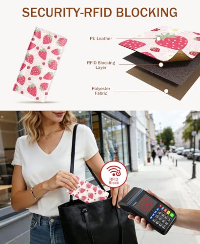 Image of Immaturus Womens Wallet, Strawberry Slim Thin RFID Blocking Card Wallets, Bifold PU Leather Credit Card Holder Organizer, Cute Cash Clutch Long Billfold with Zipper Coin Pocket Ladies Girls