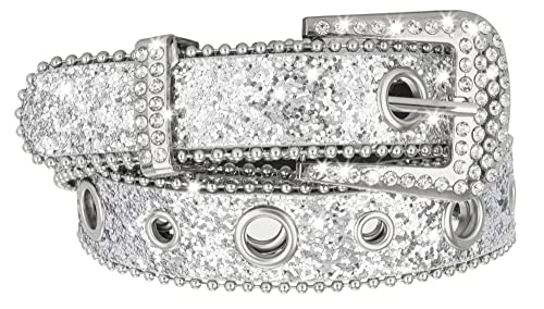 Glitter-Rhinestone-Western-Cowboy Belt for Women-Bling-Studded Belts With Silver Buckle for Jeans Fit for 27