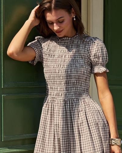 Image of RIHOAS Plaid Gingham Midi Dress Short Sleeve Smocked Dresses for Women | Cotton,Ruffle Puff Sleeves,Vintage Brown,Spring Summer Casual Daily,Picnic,Travel,Vacation,Christmas Festive Occasions