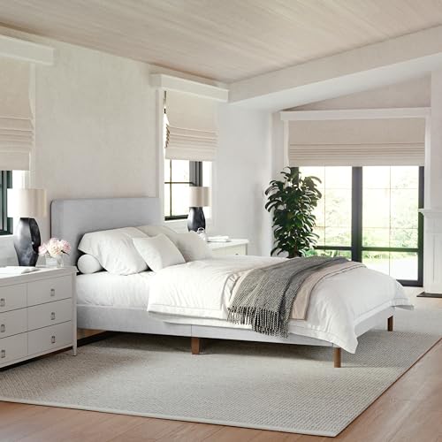 Image of Martha Stewart Britta Platform Bed with Headboard & Footboard, Faux Linen Upholstery with Piping Detail, Rounded Headboard, No Box Spring Needed, Queen, Gray