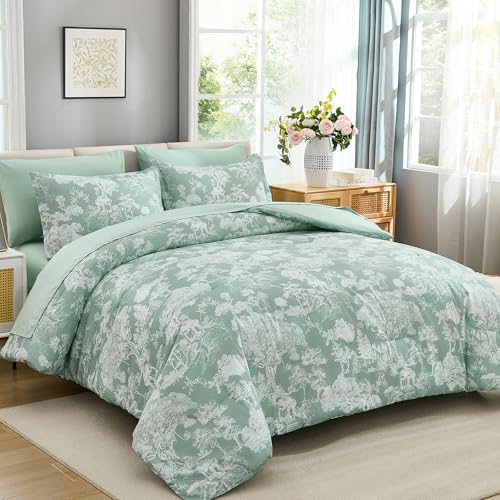 Image of DJY Floral Green Comforter Set-King Size 7 Piece Bed in a Bag,Queen Comforter Set with Sheets,Farmhouse Comforter