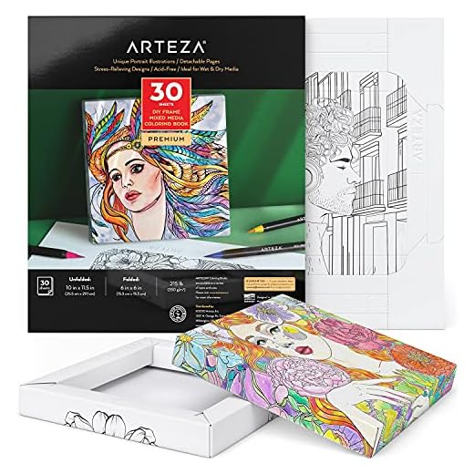 Arteza Libro para Colorear de Adultos, 25,5 x 29,1 m - 15,3 x 15,3 cm Plegado, 30 Hojas, Ilustraciones de Retratos, Papel de 350 g/m², Hojas con Marco Plegable para Colorear y Relajarse