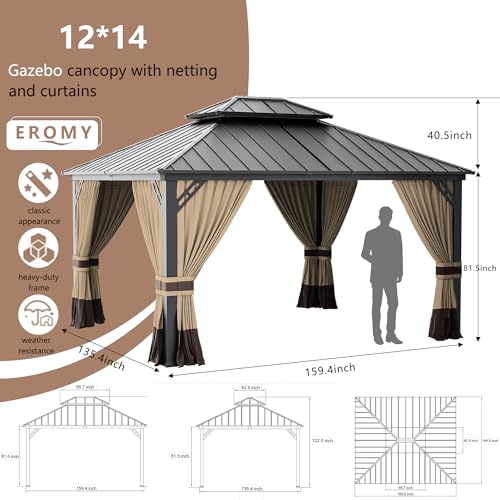12x14hardtopgazebooutdooraluminumframepermanentgazebogalvanizedsteeldoubleroofpergolawithnettingsandcurtainsforpatiolawnsbackyarddeckbrown Urban Country Home Decor 12×14 hardtop gazebo outdoor aluminum frame permanent gazebo galvanized steel double roof pergola with nettings and curtains for patio lawnsbackyard deckbrown urban country home decor