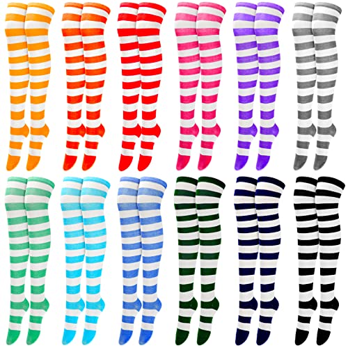 JaGely 12 Pairs Women Thigh High Socks Striped Knee High Socks Thigh High Socks for Multicolored Elastic over The Knee Long Stocking Socks for Women Girls Anime Cosplay Daily