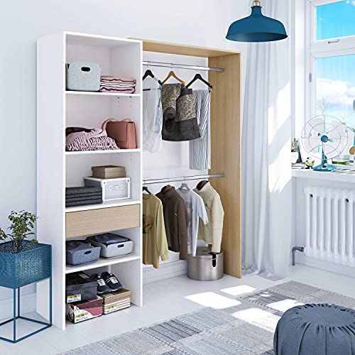 Armario-Vestidor-Armario-2-Barras-4-Baldas-y-1-Cajon-Vestidor-Reversible-Acabado-en-Blanco-Artik-y-Roble-Medidas-158-cm-Ancho-x-187-cm-Alto-x-40-cm-Fondo