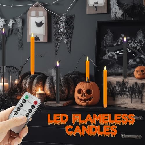 Image of Orange & Black Flameless Taper Candles with Remote, Halloween LED Candles | Battery Operated Candle with 3D Wick, 9.6 inch Real Wax Fake Candlesticks, Warm Candle Light for Home, Table, Party, 6 Pack