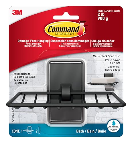 Command Soap Dish for Shower Damage-Free Hanging No Tools Soap Holder for Bathroom Organization 1 Matte Black Dish and 2 Water-Resistant Strips