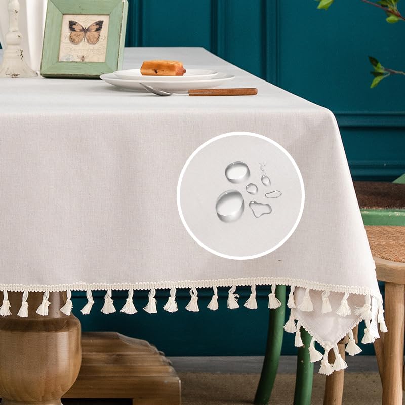 Tablecloth for Rectangle Tables with Tassels TPU Vinyl Waterproof Coating Table Cover with Cotton Linen Burlap Backing for Kitchen Dinning Tabletop