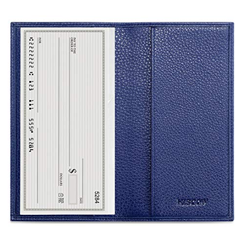 Image of HISCOW Slim Leather Checkbook Cover for Personal Checks, Pebbled Blue, One Size | Full grain cowhide, transaction register & check book pockets, removable duplicate divider, durable stitching, gifts for men