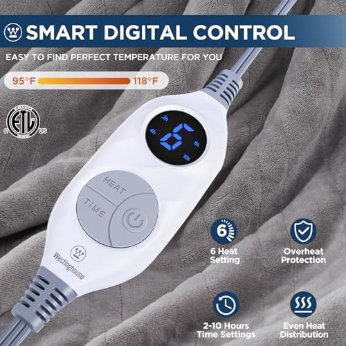 Westinghouse Electric Blanket Heated Throw, Super Cozy Soft Flannel 50"" x 60"" Heated Throw with 6 Fast Heating Levels & 2-10 Auto-Off, Machine Washable, ETL&FCC Certification, Light Grey