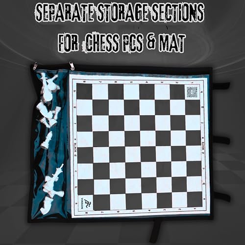 Image of Vinson Tournament Chess Set with Vinyl Foldable Roll-up Black & White Matt, 32 Big Solid Plastic Heavy Weight Pieces & 2 Extra Queens with Storage Bag, Size - 17 inch by 17 inch