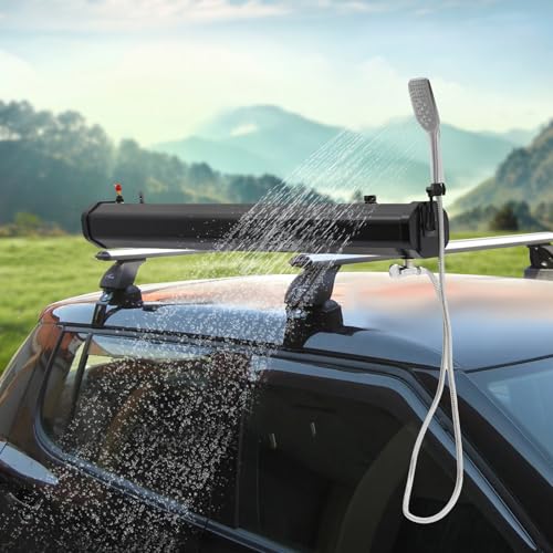 QuaLivgEssZome 4.76 Gallon/18L Pressurized Water Tank, Roof Rack Solar Car Shower, Portable Aluminum Camping Shower Water Storage with Spray Hose for Off-Road Vehicles, Pick-up Trucks, SUV