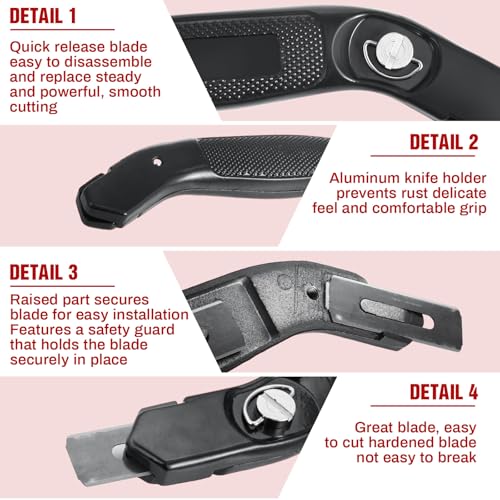 Image of Lasnten 2 Pieces 6 Blades Utility Carpet Knife Cutting Heavy Duty Carpet Knife Cutter Tools with Blades Razor Blade Knives with Protective Cap for Box Cutter Roofing Purpose, Aluminum (Black)
