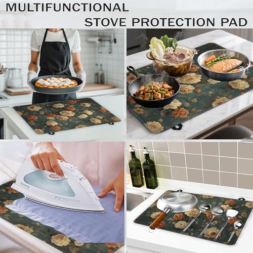 Image of Vintage Rose Flower Glass Top Stove Cover Protector,Retro Floral Heat Resistant Stove Top Cover, Large Size Range Covers for Electric Stove Countertop Mat, 28 x 20 Inch