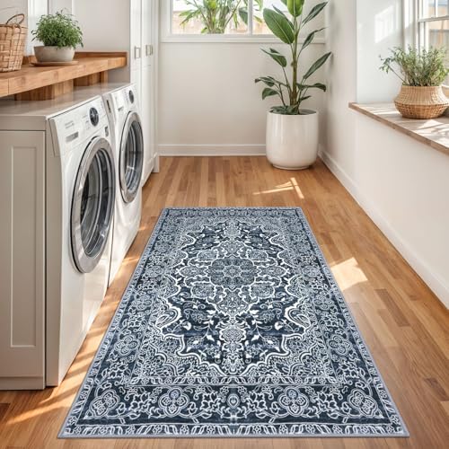 KUTA 3x5 Vintage Area Rug, Vintage Floral Rugs for Living Room Navy Blue Washable Kitchen Non-Slip, Ultra Soft Printed Medallion Tribal Entry Low-Pile Carpet for Bedroom Nursery Dorm Décor