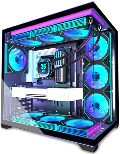 ANSAITE ATX PC-Gehäuse 9×120 mm ARGB PWM-Lüfter vorinstalliert ，Mid-Tower Gaming PC-Gehäuse, Panorama-Gehärtetes Glas Schwarz Computer-Gehäuse mit Typ-C, 360mm Radiator Unterstützung，H-D9 (Schwarz)