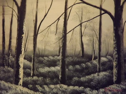 Tableau forêt noir et blanc, peinture à l'huile pour décorer une entrée