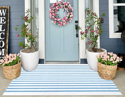 Light Blue and White Outdoor Rug 3'x5',Machine Washable Striped Porch Rug Cotton Woven Farmhouse Front Door Mats for Porch/Entryway/Home Entrance Decor/Bedroom/Laundry Room/Patio/Front Door