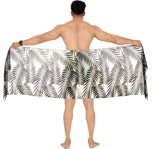 LA LEELA Men's Summer Cover Up Hawaiian Swim Trunk Swimwear for Men Vacation Beach Holidays Beachwear Pareo One Size Allover Leafs, Black4