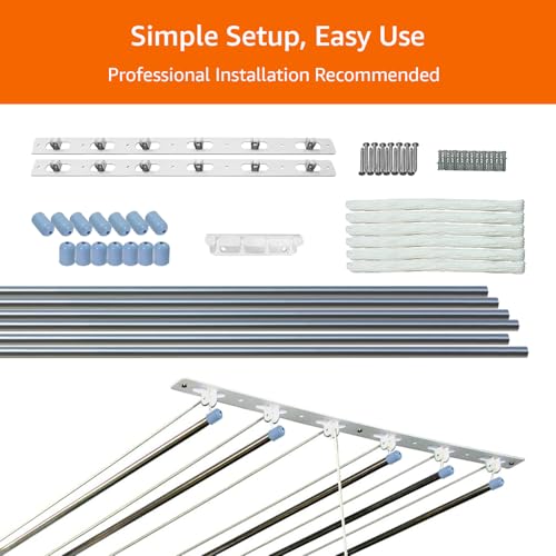 Image of Amazon Basics Heavy-Duty Stainless Steel Ceiling Cloth Dryer (6 Pipes x 5 Feet) with UV-Protected Nylon Ropes - Pulley Operated Drying Rack for Balcony - Space-Saving Design