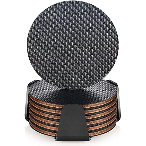 Modern Coasters for Drinks with Holder, Premium Carbon & Wood Drink Coaster, Unique Design (Dark Gray V2) Cover