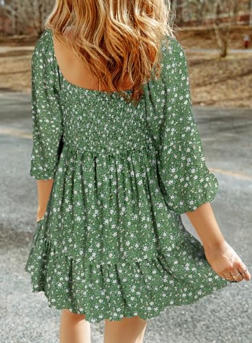 Image of Dokotoo Fall Dresses for Women 2025 Boho Floral Square Neck Smocked 3 /4 Sleeve Casual A-Line Swing Mini Dress Sundress