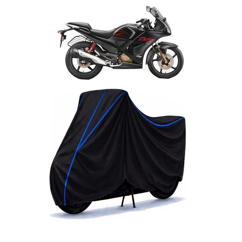 Image of Hero Karizma ZMR Bike Cover Water Resistant Universal Motorcycle Rain | Heavy Duty UV Protection, Dust, Scratch Indoor Outdoor All Weather with Black Blue Piping Elastic