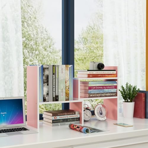 Image of Desktop Shelf Organizer, Adjustable Wood Office Storage Rack, Counter Display Small Bookshelf for Home /Office /School(Pink)