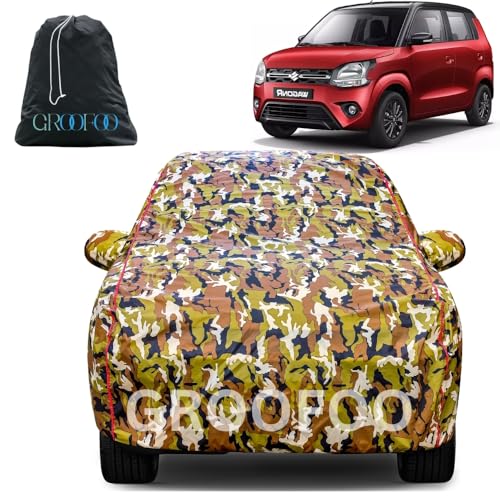 Image of GROOFOO Car Cover Compatible with Maruti Suzuki Wagon R | Camouflage, Waterproof, Dustproof, UV Protection | Military Jungle Design | Custom Fit, Triple Stitched | All Weather Body Cover