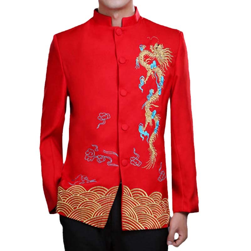 Dragon/Phoenix Embroidery Men Red Wedding Tunic Suit Jacket Traditional Chinese Style Stand Collar Coat