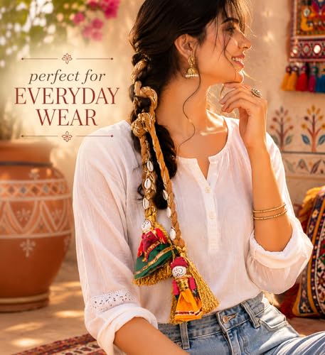 Image of Zippy Flora Desi Jodi Parandi (Brown) | Handmade Boho Traditional Hair Accessory | Elegant Braided Parandi with Tassels & Shell Embellishments | 22-Inch Hair Extension Choti for Curly & Straight Hair | Ethnic Punjabi Style Hair Jewellery for Women & Girls