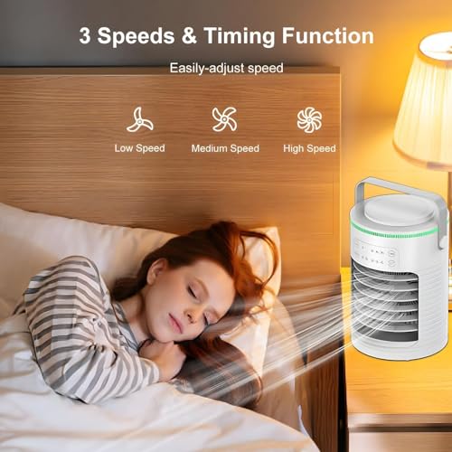 ENFONG Tragbarer Klimaanlagenventilator mit 3 Geschwindigkeiten, kleiner Desktop- Ventilator, LED- Licht- Timer für Zuhause, Schreibtisch, Outdoor, Schlafzimmer-5