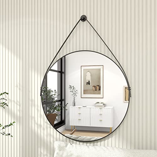 Harritpure Black Round Mirror With Hanging Leather Strap Aluminum Frame Wall-Mounted Circle Mirror Hanging Mirrors For Bathroom Vanity Living Room Bedroom Entryway Decor #TOP9