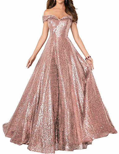 YIRENWANSHA 2019 Off Shoulder Sequined Prom Party Dresses for Women A Line Empire Waist Robes Formal Evening Skirts Long Elegant Gowns SHPD41 Rose Gold Without Beads Size 14