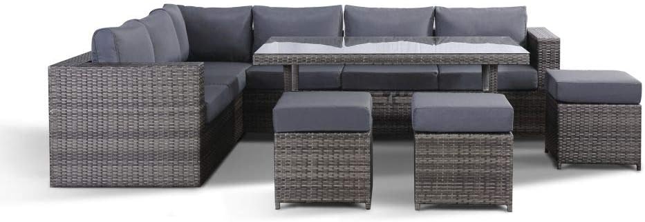 Oak Solution Layla Grey Garden Furniture Corner Sofa With Dining Table and 3 Stools Set